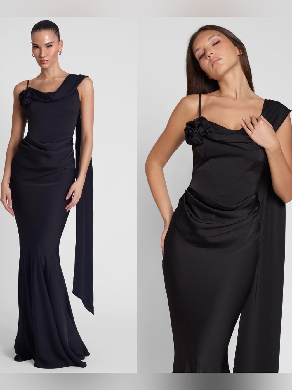 NWT LEAU Celine Black Maxi Dress Corset Drape Satin Gown Size S